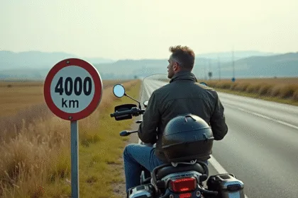 Motard d'âge moyen sur une moto d'aventure près d'un jalon
