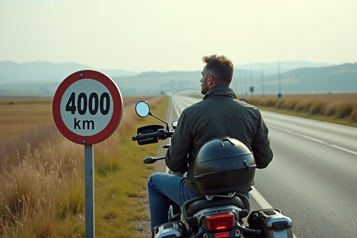 Motard d'âge moyen sur une moto d'aventure près d'un jalon