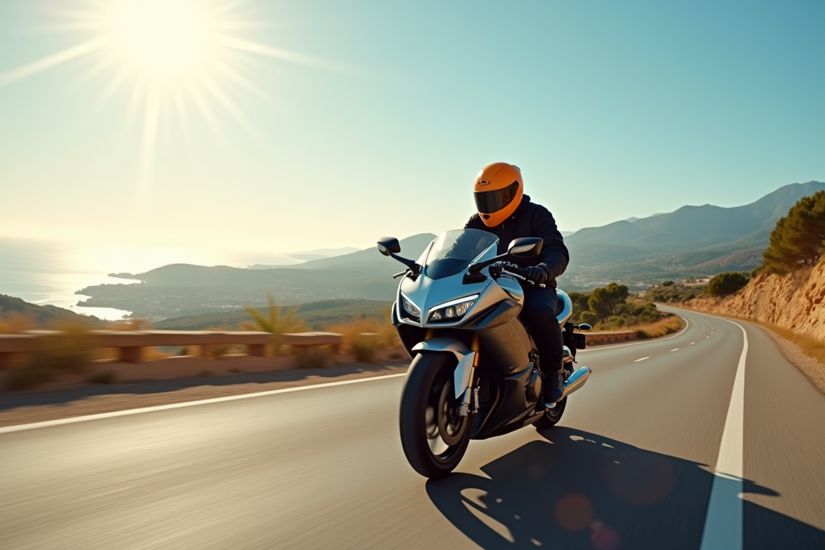 Motocycliste sur une moto moderne en Espagne ensoleillée