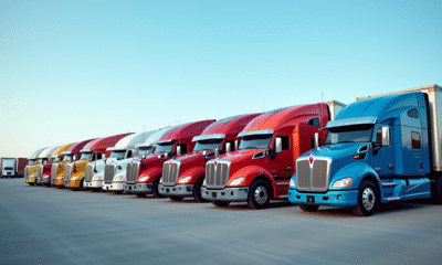 Ligne de camions d'occasion variés dans un grand parking ensoleillé