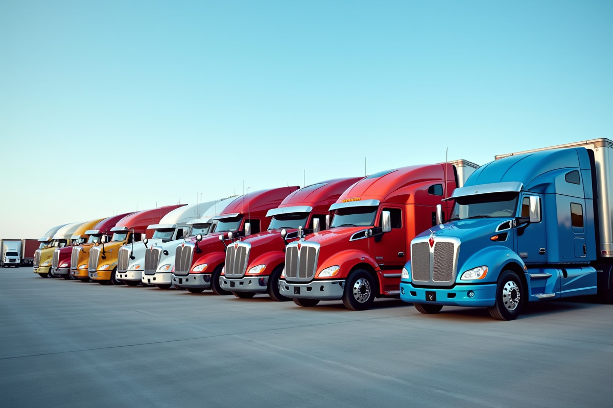 Ligne de camions d'occasion variés dans un grand parking ensoleillé