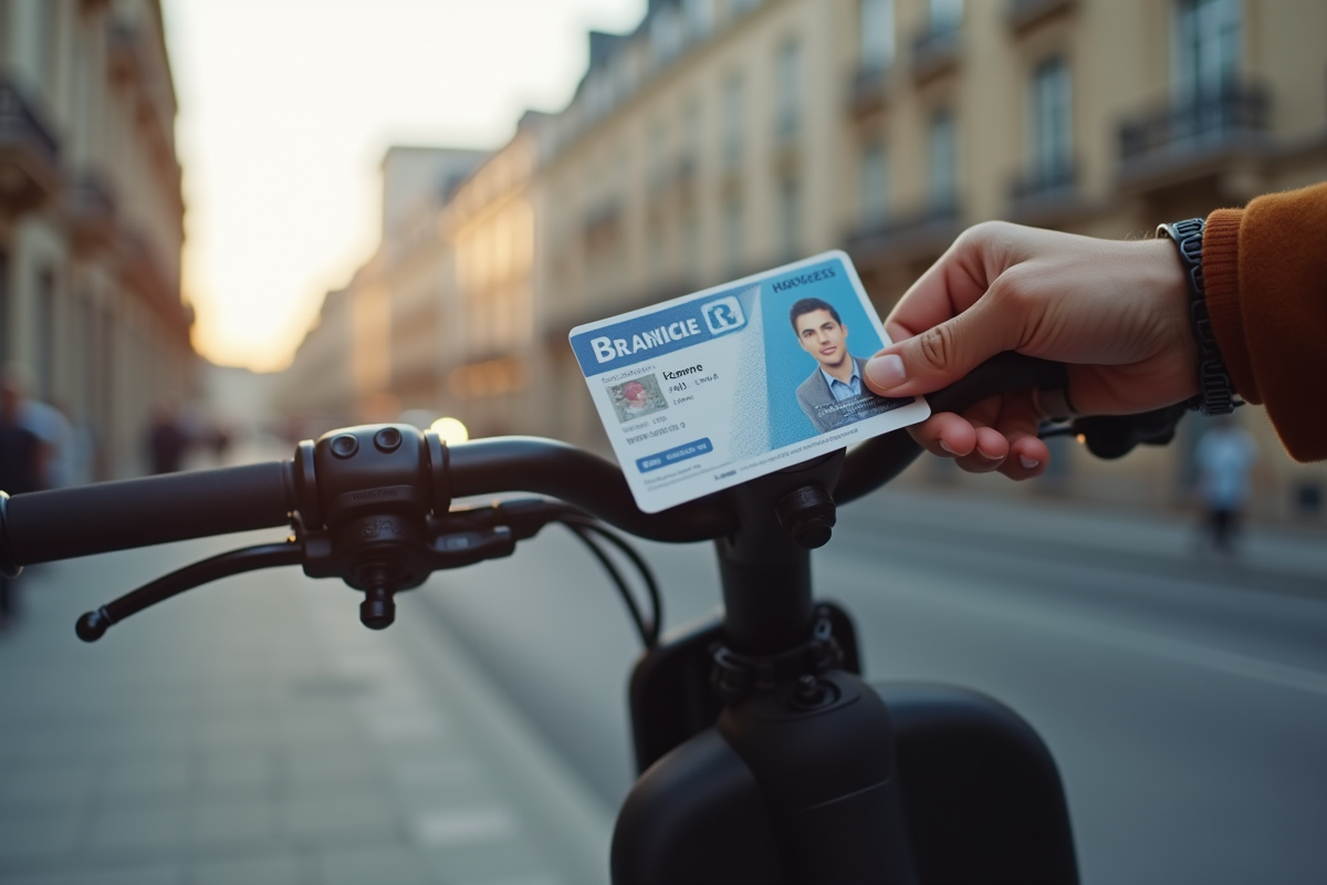 Main tenant permis de conduire à côté du guidon de scooter