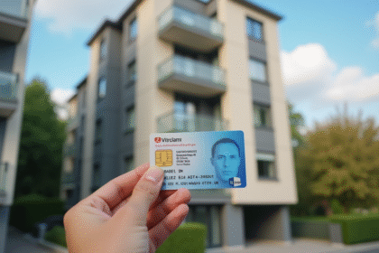 Main tenant un permis de conduire français devant un immeuble