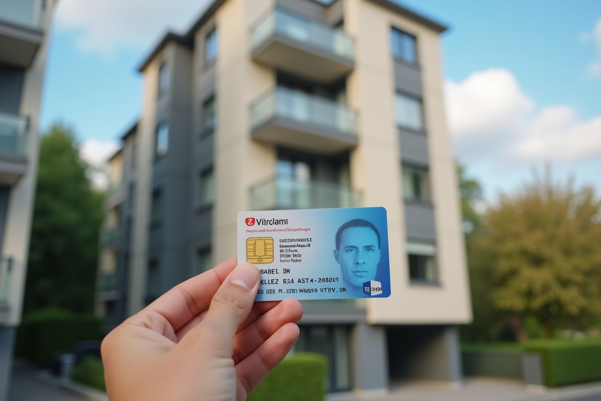 Main tenant un permis de conduire français devant un immeuble