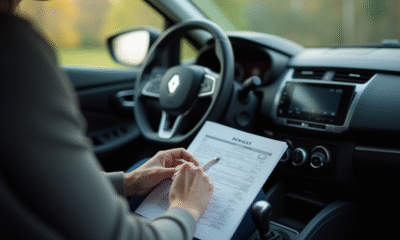 Personne tenant un manuel radio Renault dans la voiture