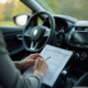 Personne tenant un manuel radio Renault dans la voiture