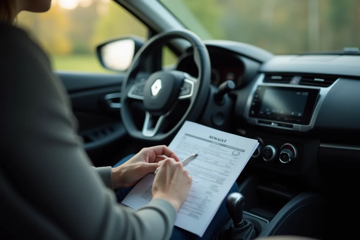 Personne tenant un manuel radio Renault dans la voiture