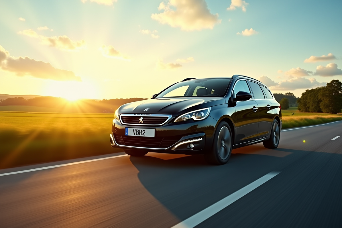 Peugeot 308 break sur route de campagne au coucher du soleil