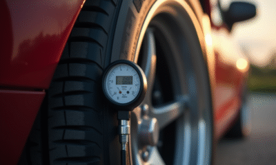 Gros plan d'un pneu de voiture avec manomètre digital au matin