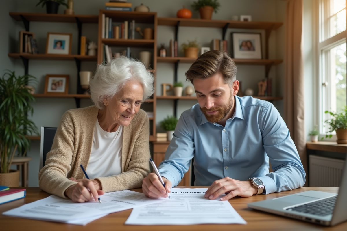 Femme âgée et jeune homme examinant des documents d
