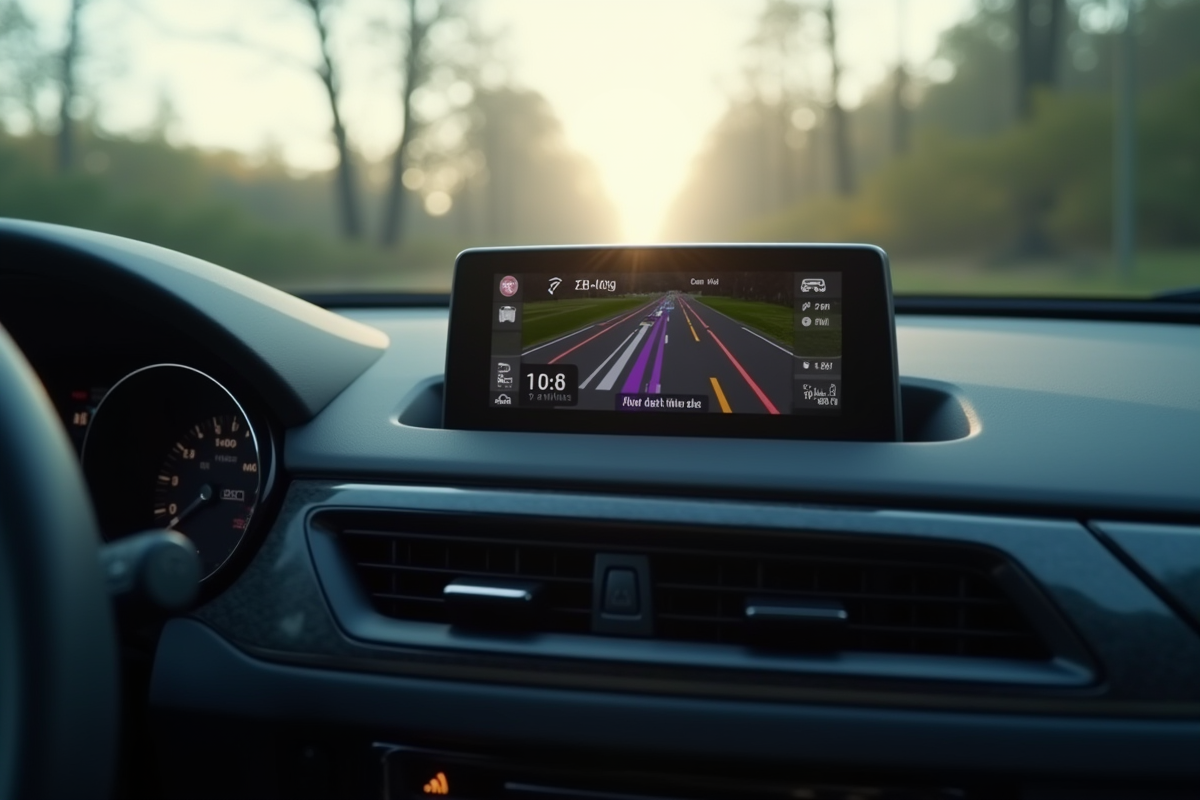 Tableau de bord de voiture avec GPS affichant un long trajet