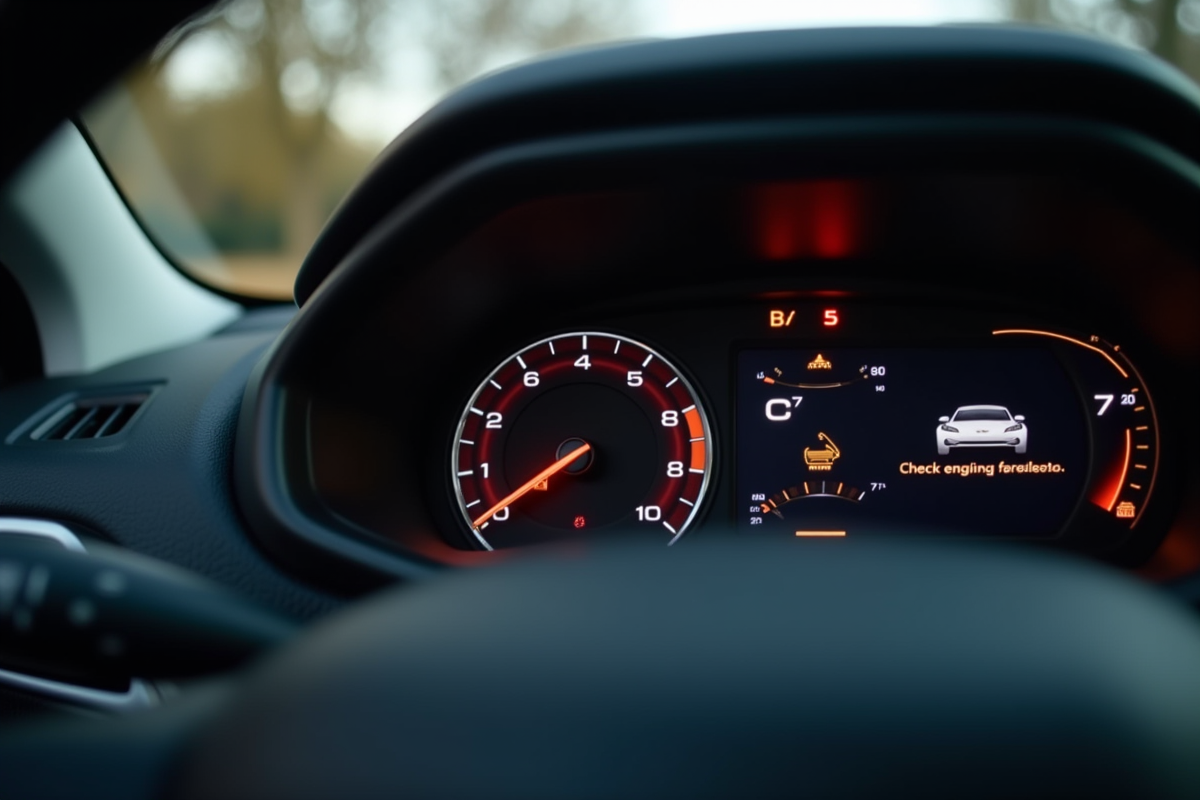Zoom sur le tableau de bord Peugeot avec voyant moteur allumé