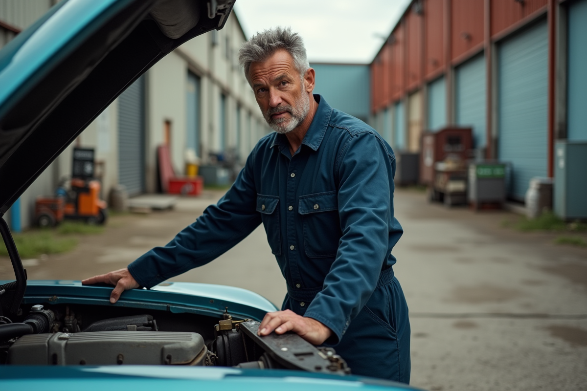 Technicien en overalls près d'une voiture ancienne en extérieur